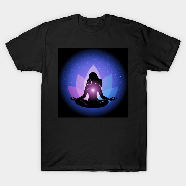 Silhouette of Woman in yoga lotus Pose T-Shirt by devaleta